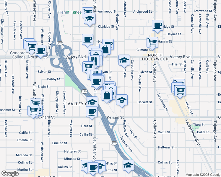 map of restaurants, bars, coffee shops, grocery stores, and more near 6214 Agnes Avenue in Los Angeles