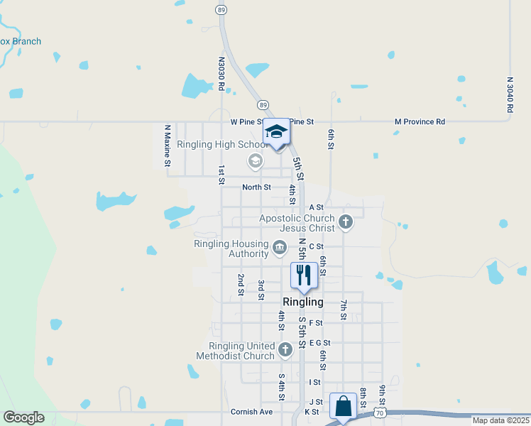 map of restaurants, bars, coffee shops, grocery stores, and more near 302 A Street in Ringling