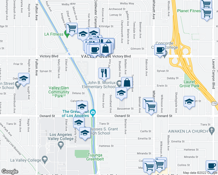 map of restaurants, bars, coffee shops, grocery stores, and more near 6159 Goodland Avenue in Los Angeles