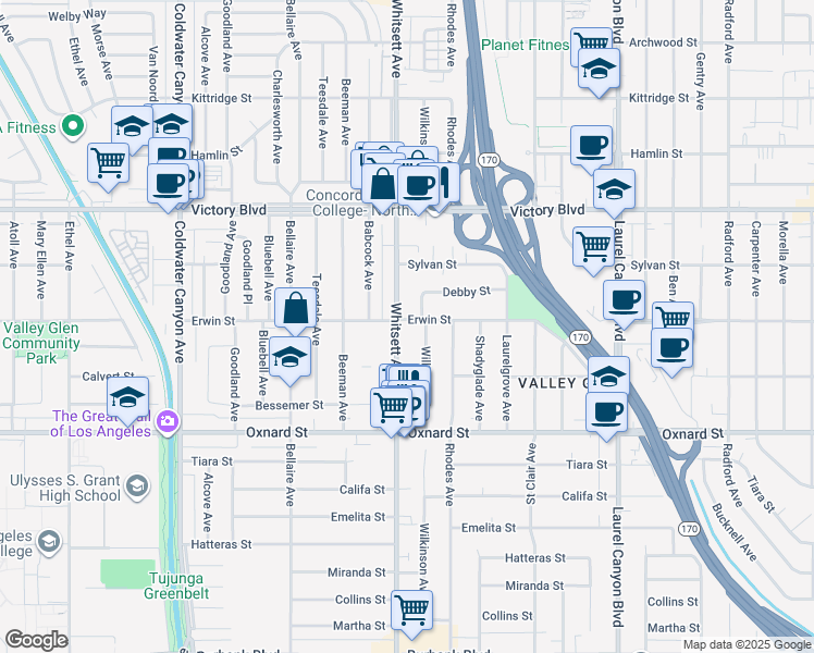 map of restaurants, bars, coffee shops, grocery stores, and more near 6160 Whitsett Avenue in Los Angeles