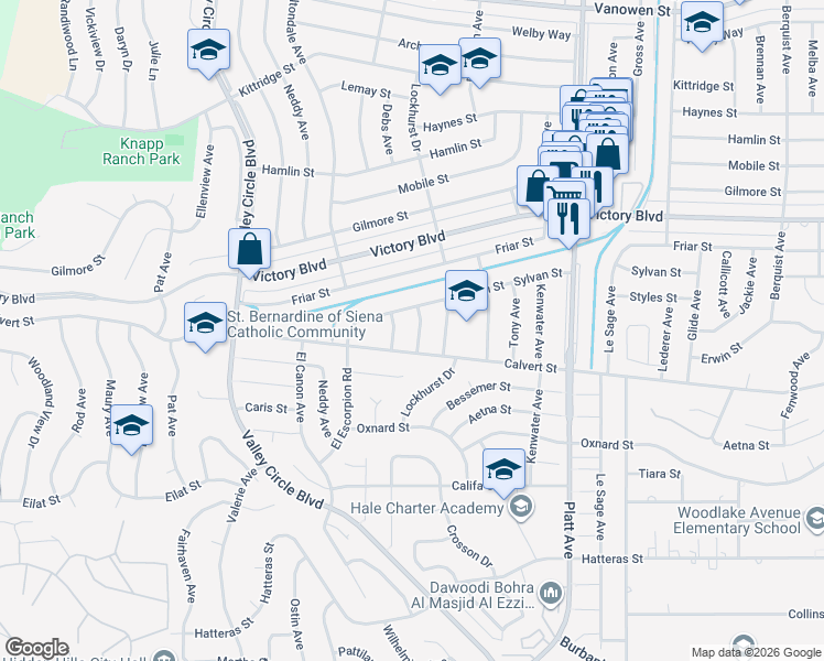 map of restaurants, bars, coffee shops, grocery stores, and more near 6159 Debs Avenue in Los Angeles