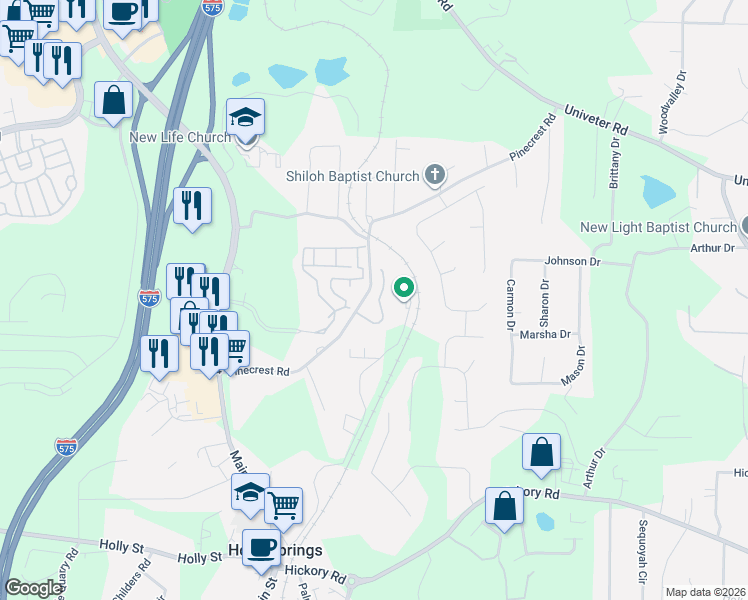 map of restaurants, bars, coffee shops, grocery stores, and more near 121 Cypress Court in Canton