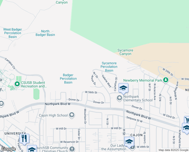 map of restaurants, bars, coffee shops, grocery stores, and more near 5895 Jesse Drive in San Bernardino