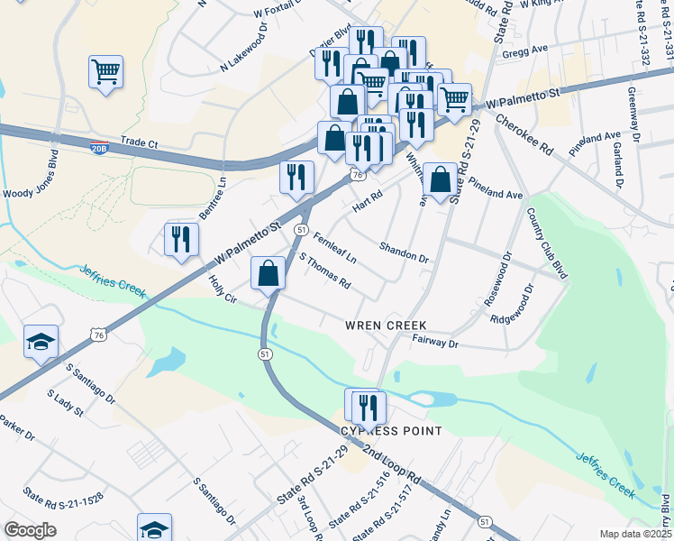 map of restaurants, bars, coffee shops, grocery stores, and more near 2123 Fernleaf Lane in Florence