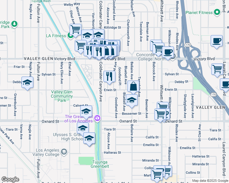 map of restaurants, bars, coffee shops, grocery stores, and more near 6159 Goodland Avenue in Los Angeles