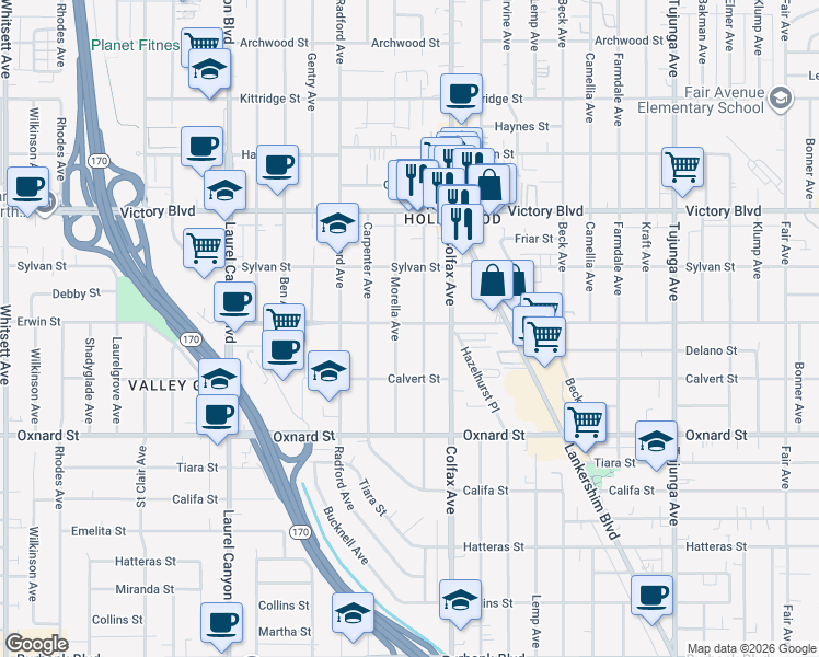 map of restaurants, bars, coffee shops, grocery stores, and more near 6221 Simpson Avenue in Los Angeles