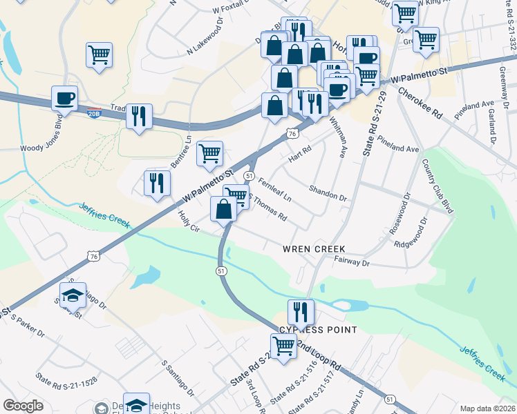 map of restaurants, bars, coffee shops, grocery stores, and more near 414 South Thomas Road in Florence