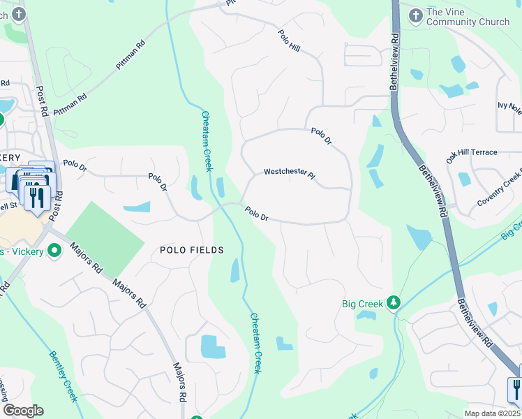 map of restaurants, bars, coffee shops, grocery stores, and more near 6265 Polo Drive in Cumming