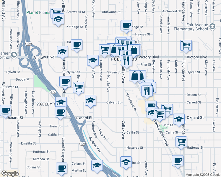 map of restaurants, bars, coffee shops, grocery stores, and more near 6156 Morella Avenue in Los Angeles