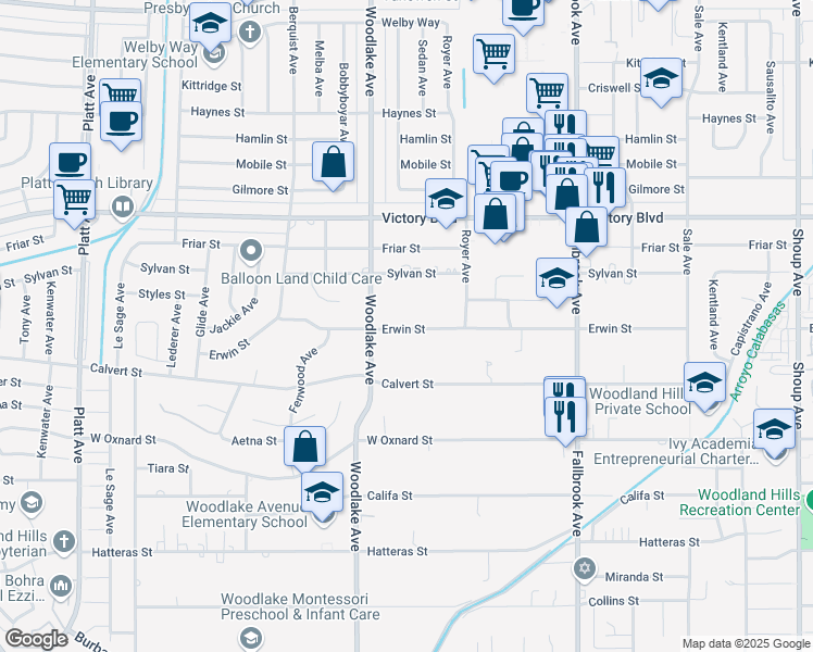 map of restaurants, bars, coffee shops, grocery stores, and more near 23113 Erwin Street in Los Angeles