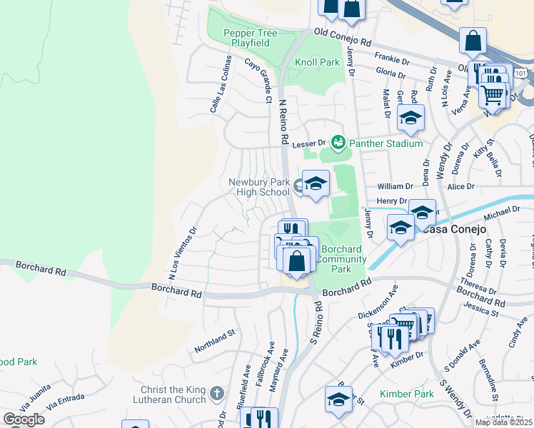 map of restaurants, bars, coffee shops, grocery stores, and more near 405 Anacapa Circle in Thousand Oaks