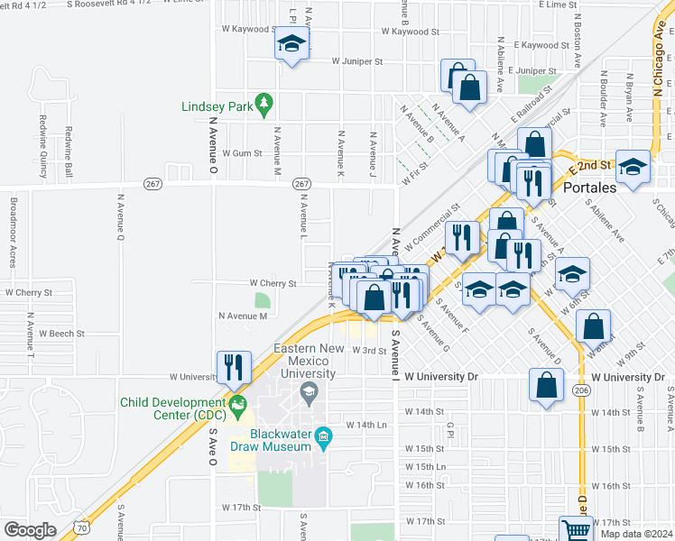 map of restaurants, bars, coffee shops, grocery stores, and more near 409 North Avenue K in Portales