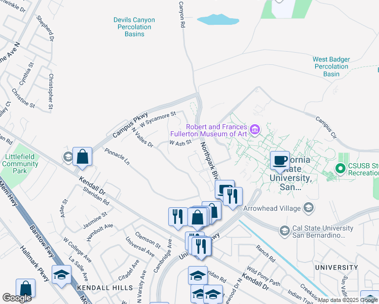 map of restaurants, bars, coffee shops, grocery stores, and more near 1829 West Ash Street in San Bernardino