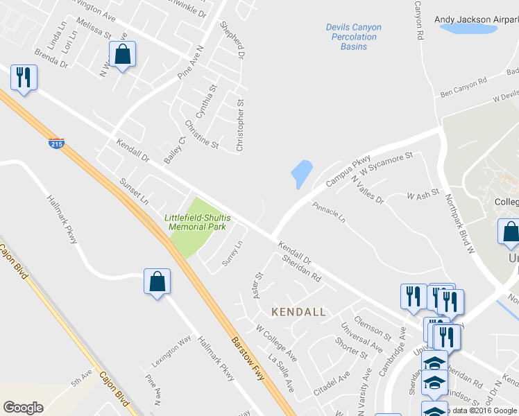 map of restaurants, bars, coffee shops, grocery stores, and more near 2490 Kendall Drive in San Bernardino