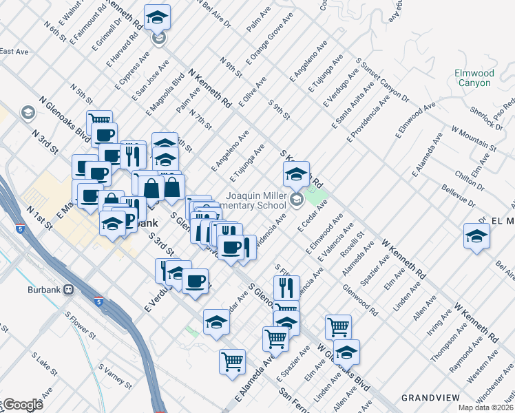 map of restaurants, bars, coffee shops, grocery stores, and more near 602 East Verdugo Avenue in Burbank