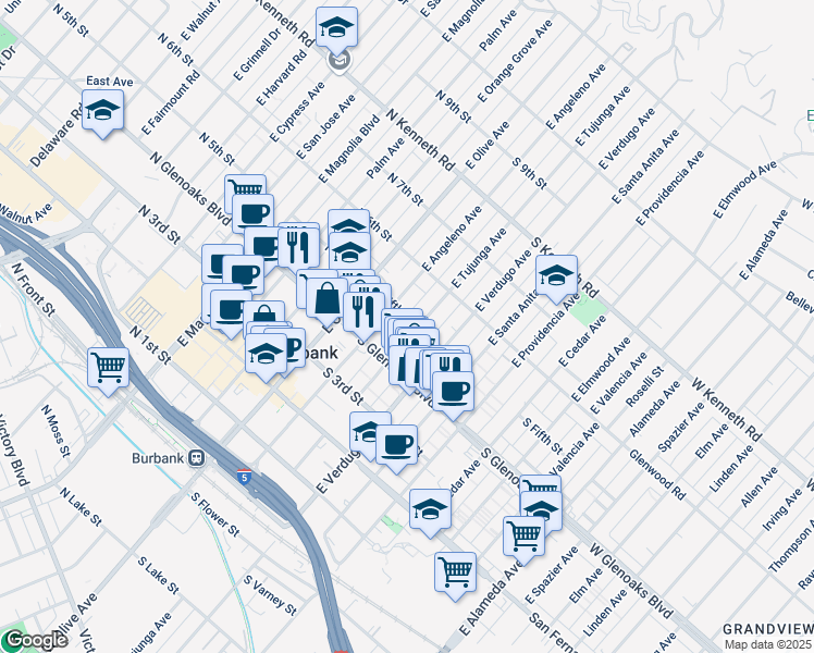 map of restaurants, bars, coffee shops, grocery stores, and more near 218 South Fifth Street in Burbank