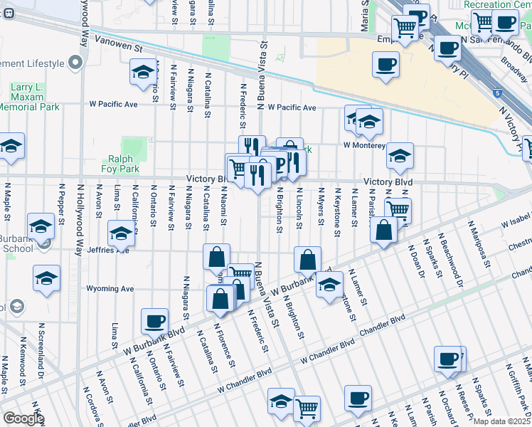 map of restaurants, bars, coffee shops, grocery stores, and more near 1520 North Buena Vista Street in Burbank