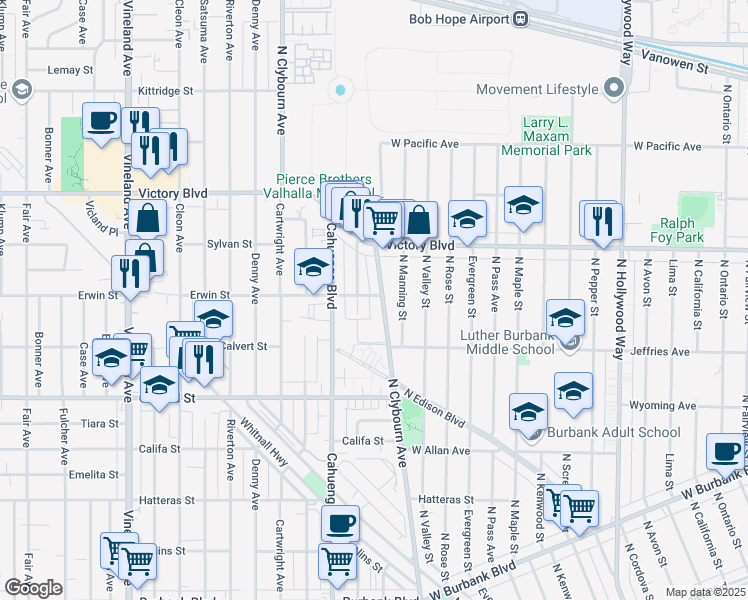 map of restaurants, bars, coffee shops, grocery stores, and more near 6213 Auckland Avenue in Los Angeles