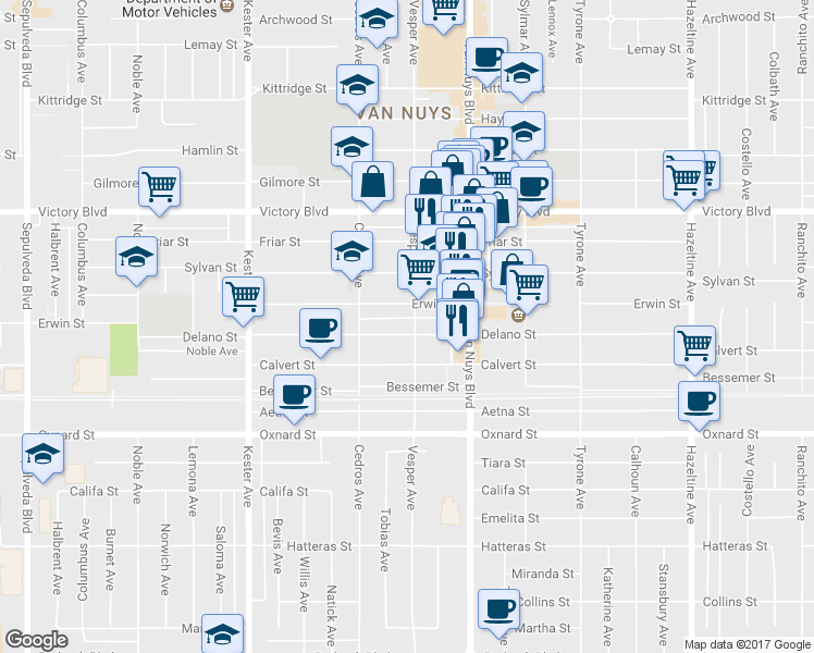 map of restaurants, bars, coffee shops, grocery stores, and more near 14546 Erwin Street in Los Angeles