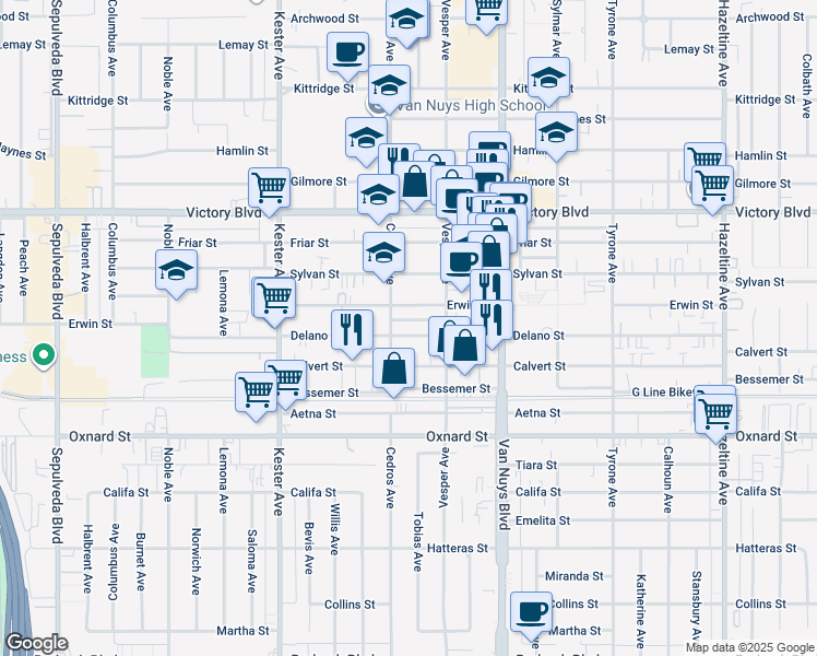 map of restaurants, bars, coffee shops, grocery stores, and more near 14632 Erwin Street in Los Angeles
