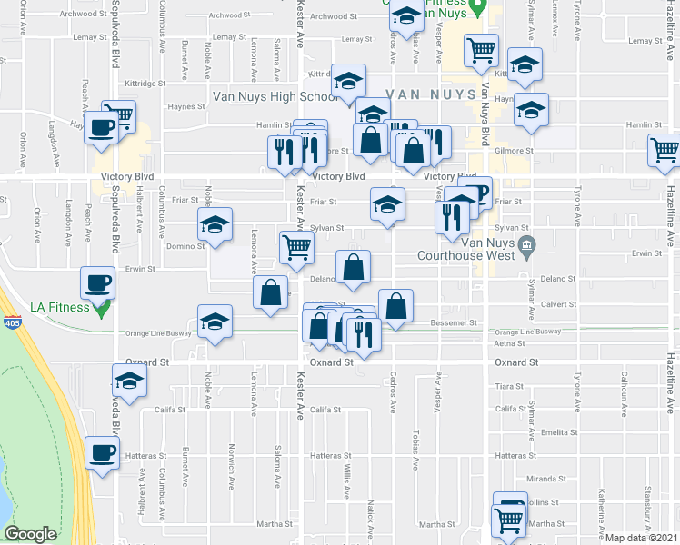 map of restaurants, bars, coffee shops, grocery stores, and more near 14754 1/2 Erwin Street in Los Angeles