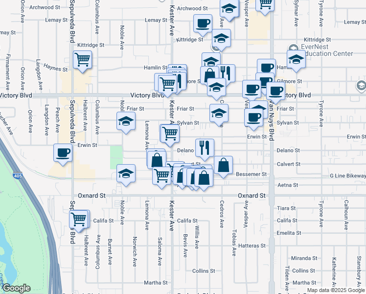 map of restaurants, bars, coffee shops, grocery stores, and more near 14828 Erwin Street in Los Angeles