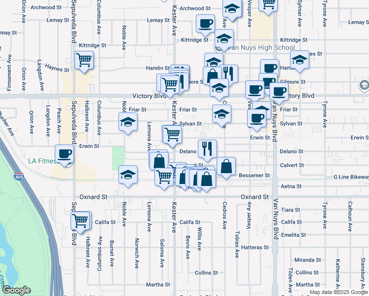 map of restaurants, bars, coffee shops, grocery stores, and more near 14828 Erwin Street in Los Angeles