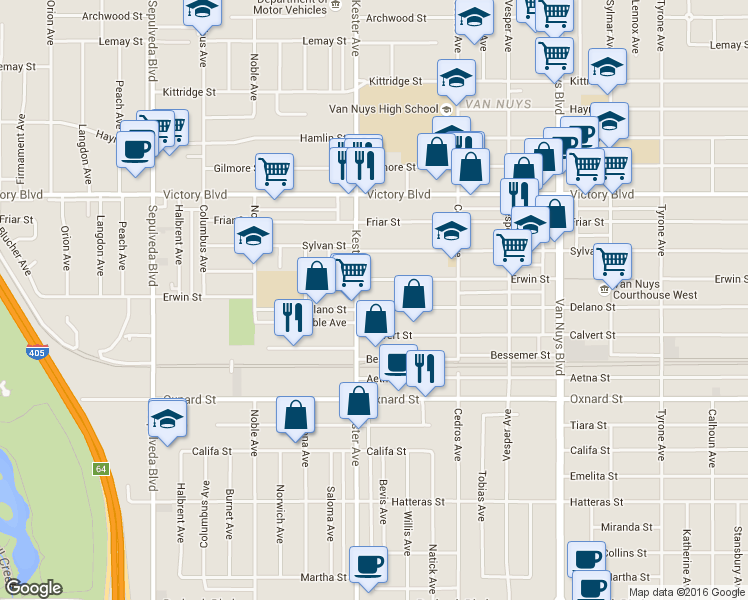 map of restaurants, bars, coffee shops, grocery stores, and more near 14828 Erwin Street in Los Angeles