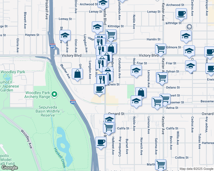 map of restaurants, bars, coffee shops, grocery stores, and more near 6206 Sepulveda Boulevard in Los Angeles
