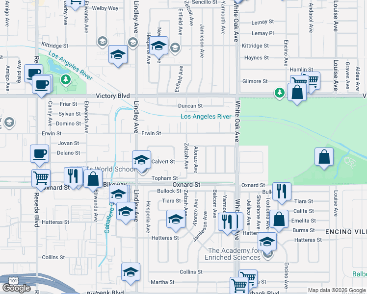 map of restaurants, bars, coffee shops, grocery stores, and more near 6254 Zelzah Avenue in Los Angeles