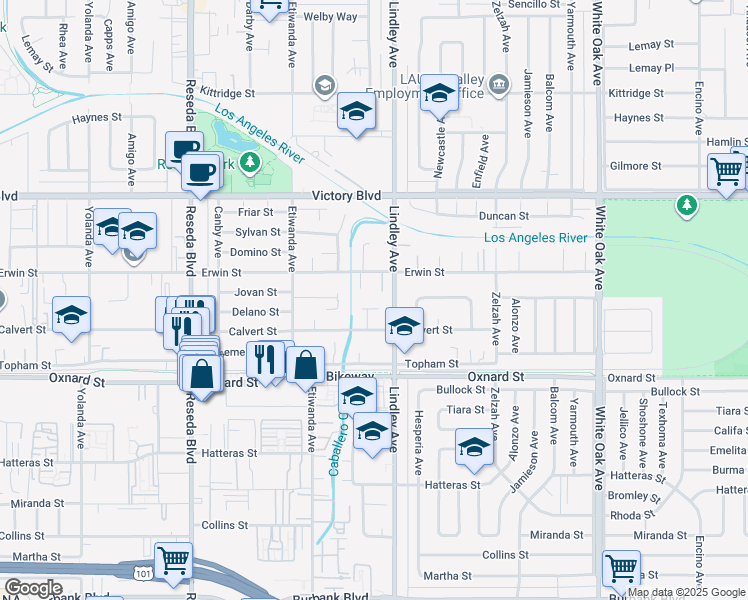 map of restaurants, bars, coffee shops, grocery stores, and more near 6256 Chimineas Avenue in Los Angeles