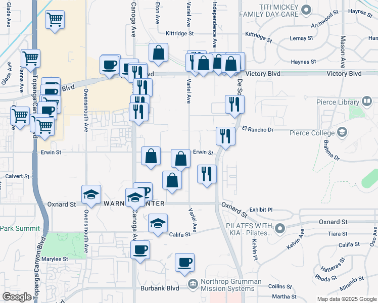 map of restaurants, bars, coffee shops, grocery stores, and more near 6200 Variel Avenue in Los Angeles