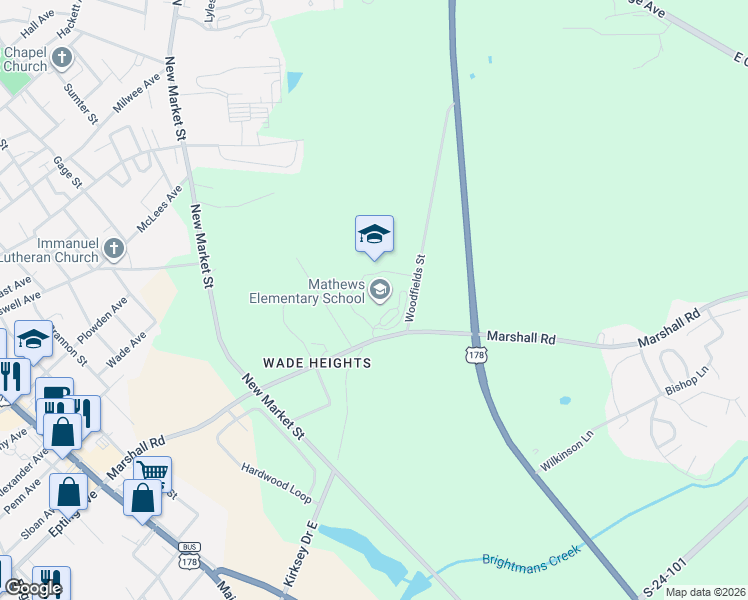 map of restaurants, bars, coffee shops, grocery stores, and more near 138 Woodfields Street in Greenwood