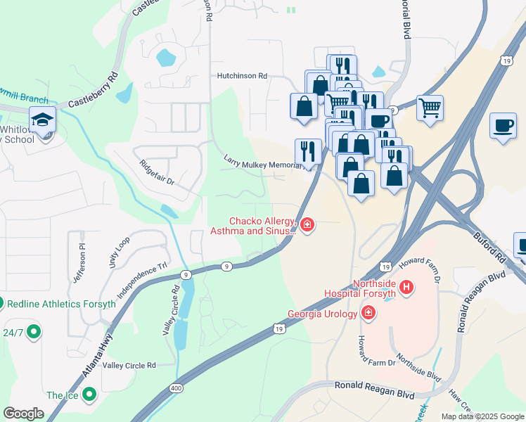 map of restaurants, bars, coffee shops, grocery stores, and more near 805 Atlanta Road in Cumming