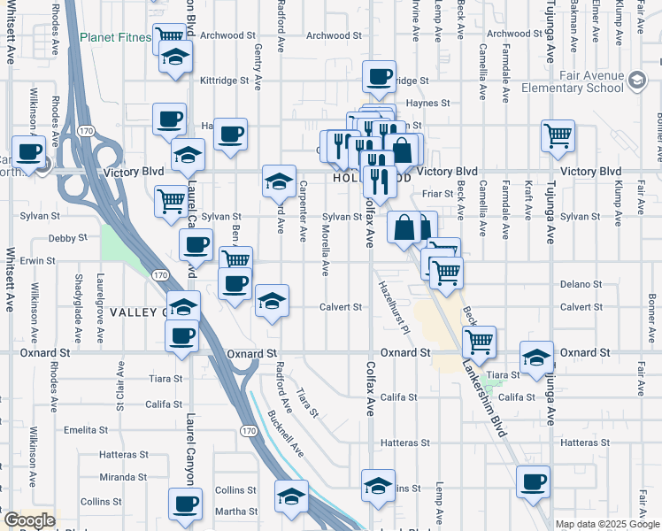 map of restaurants, bars, coffee shops, grocery stores, and more near 6156 Morella Avenue in Los Angeles