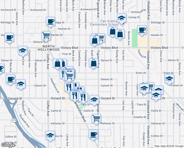 map of restaurants, bars, coffee shops, grocery stores, and more near 6212 Kraft Avenue in Los Angeles