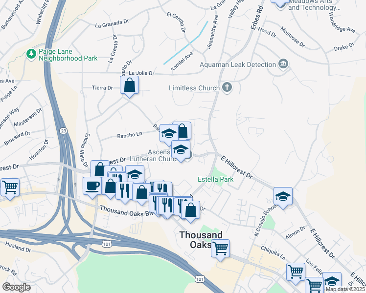 map of restaurants, bars, coffee shops, grocery stores, and more near 1575 East Hillcrest Drive in Thousand Oaks