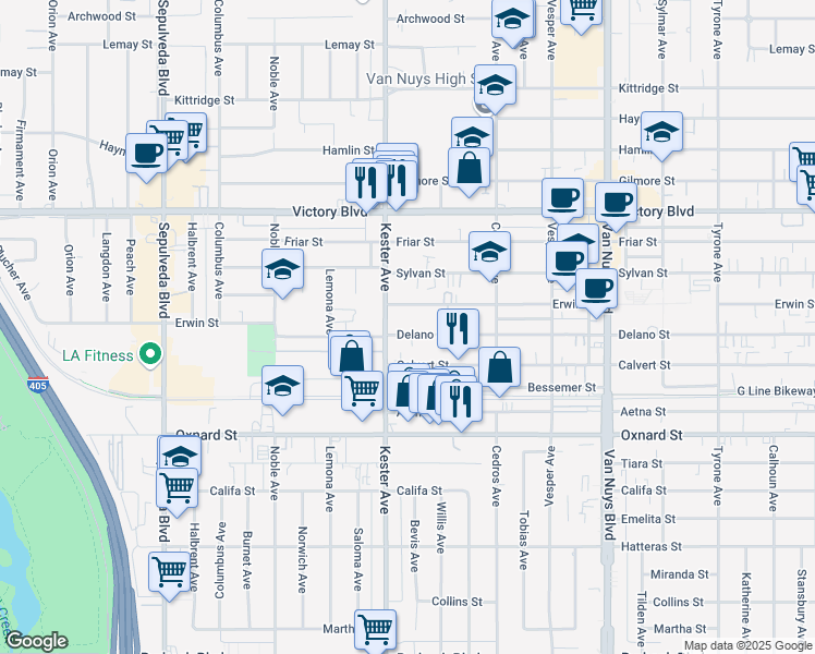 map of restaurants, bars, coffee shops, grocery stores, and more near 14831 Delano Street in Los Angeles