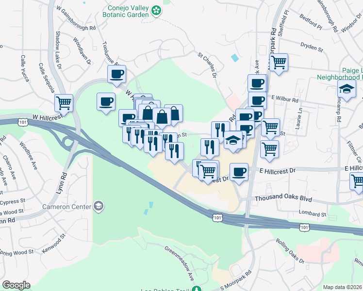 map of restaurants, bars, coffee shops, grocery stores, and more near 225 West Hillcrest Drive in Thousand Oaks