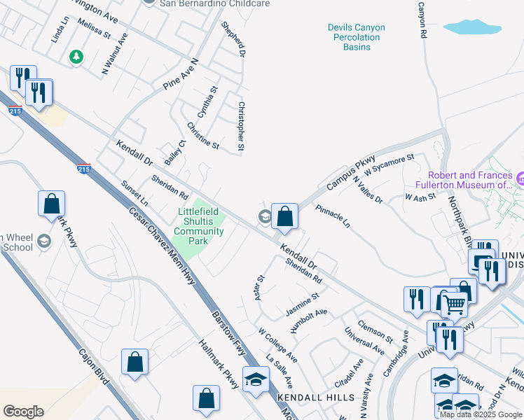 map of restaurants, bars, coffee shops, grocery stores, and more near 2490 Kendall Drive in San Bernardino