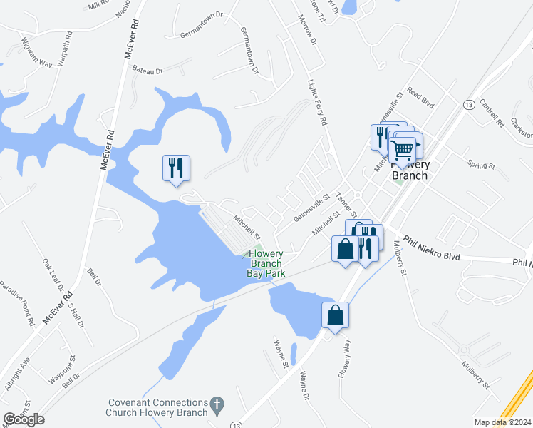 map of restaurants, bars, coffee shops, grocery stores, and more near 6313 Shoreview Circle in Flowery Branch