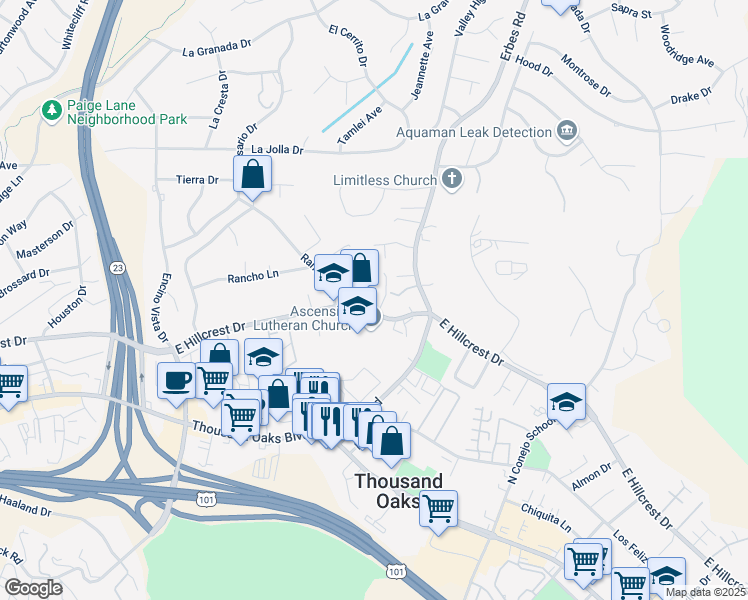 map of restaurants, bars, coffee shops, grocery stores, and more near 1601 East Hillcrest Drive in Thousand Oaks