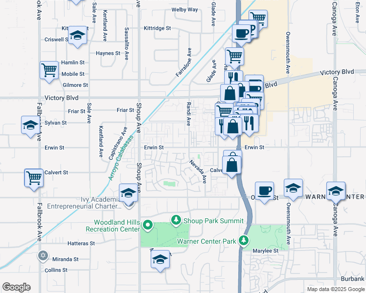 map of restaurants, bars, coffee shops, grocery stores, and more near 22215 1/2 Erwin Street in Los Angeles