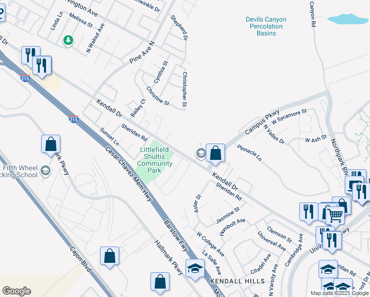 map of restaurants, bars, coffee shops, grocery stores, and more near 2504 Kendall Drive in San Bernardino