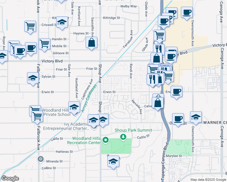 map of restaurants, bars, coffee shops, grocery stores, and more near 22287 Erwin Street in Los Angeles