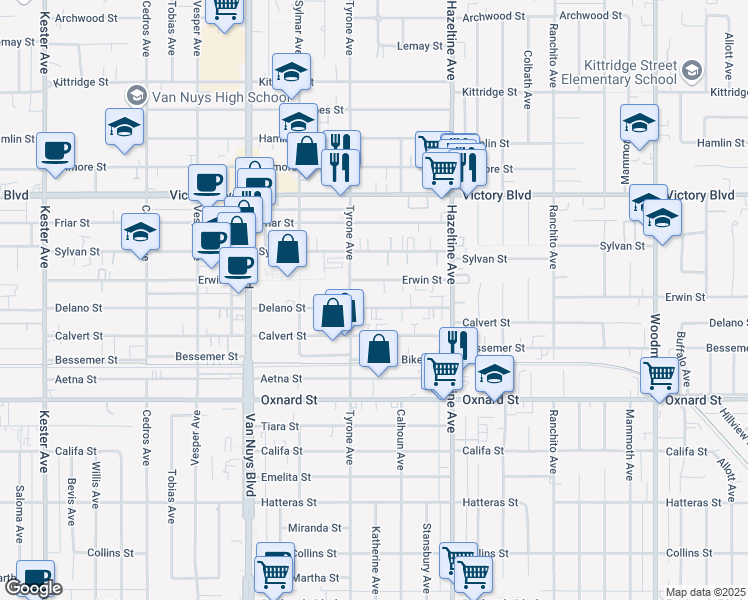 map of restaurants, bars, coffee shops, grocery stores, and more near 14233 Delano Street in Los Angeles