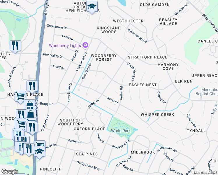 map of restaurants, bars, coffee shops, grocery stores, and more near 3313 Amber Drive in Wilmington
