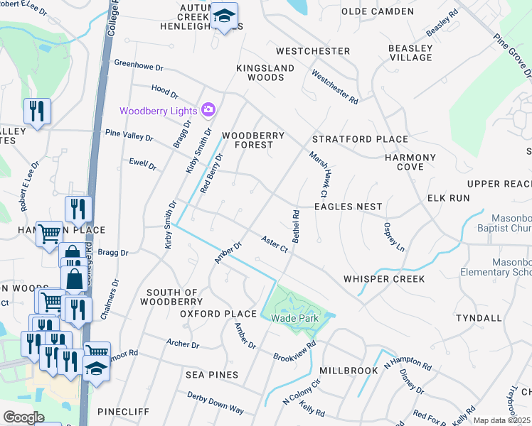 map of restaurants, bars, coffee shops, grocery stores, and more near 3313 Amber Drive in Wilmington