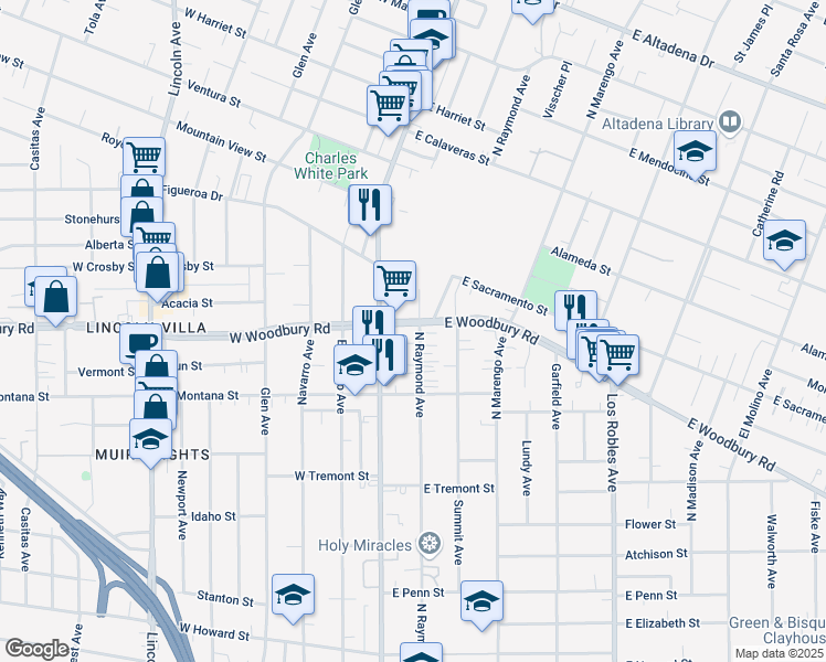 map of restaurants, bars, coffee shops, grocery stores, and more near 2165 North Raymond Avenue in Altadena