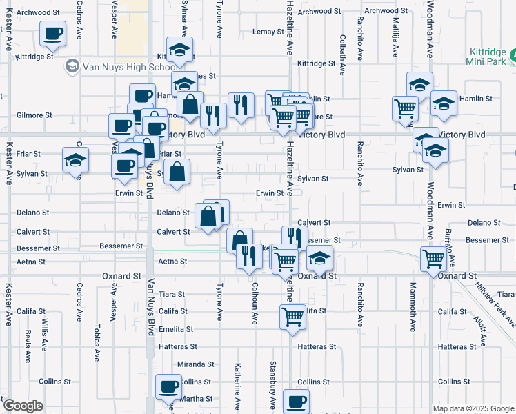 map of restaurants, bars, coffee shops, grocery stores, and more near 14134 Erwin Street in Los Angeles